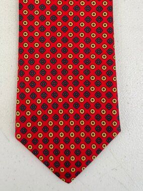 Vintage Geometric Pattern Italian Silk Tie 70s Red Floral Diamond & Dot Necktie